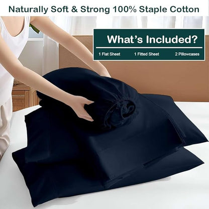 NON Sticky cotton Full Size Sleeper Sofa Sheets, 4 Piece Egyptian Cotton Bed Sheet Set for Sofa Bed, 7" Deep Pocket for Pull Out Couch Mattress, 54" x 75", Navy Blue Solid, Soft & Breathable