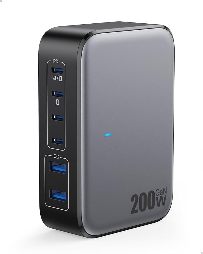 USB C Charger Block 200W with Wall Plug,6 Ports GaN IV Charging Station Hub,QC4.0+PD 65W USB C Laptop Charger Adapter Compatible with MacBook Air/Pro,DELL,iPhone 17/16/15,iPad,Steam Deck,Galaxy-Black