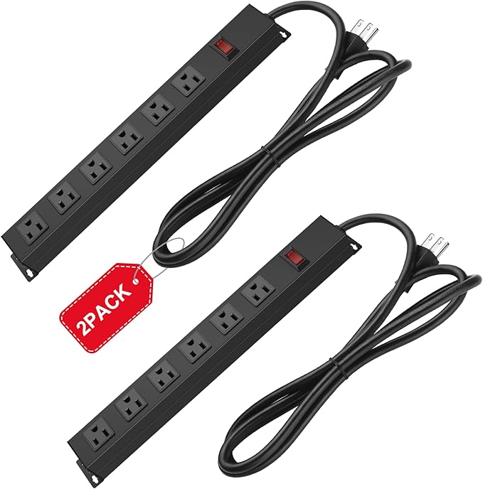 2Pack Metal Wall Mount Power Strip, Mountable Power Outlet with 6 AC Outlets, Aluminum Alloy Mount Power Socket with Switch, 6 FT SJT 3/C 14AWG Power Cord, 15A 125V 1875W (6AC)