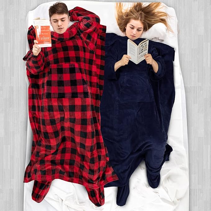 PAVILIA Fleece Blanket with Sleeves, Foot Pockets for Women Men Adults, Plush Wearable Blanket Throw Wrap, Warm Snuggle Blanket Robe, Cozy Gift Ideas Wife Mom, Navy Blue
