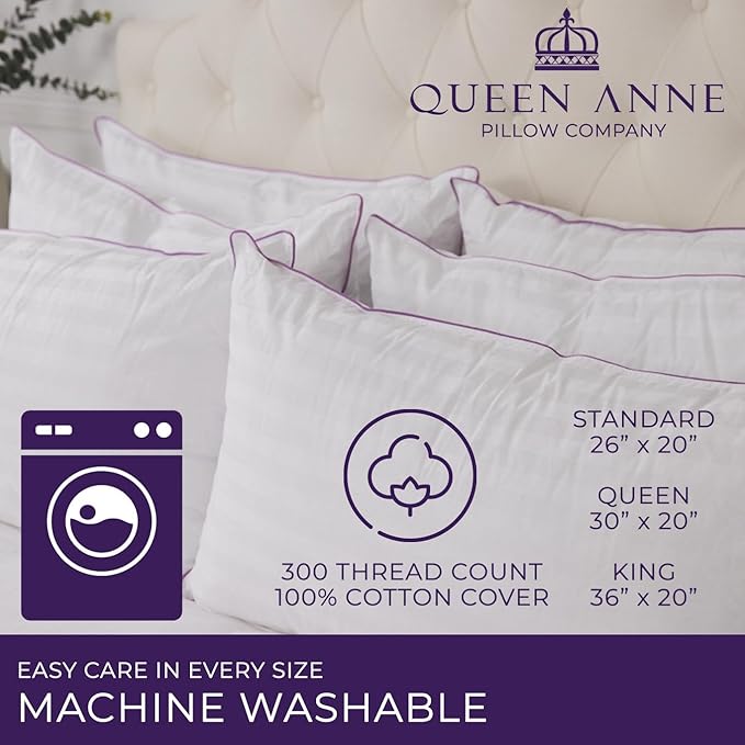 Queen Anne Hotel Collection Pillows – Luxury Down Alternative Bed Pillows (2-Pack, Standard Soft) – Ultimate Comfort, Hypoallergenic, Made in The USA