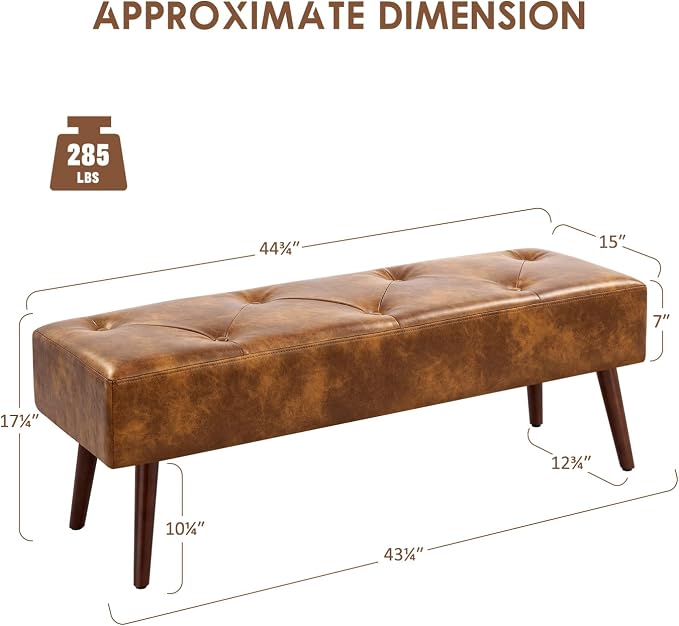 44 Inch Tufted Leather Bench, Leather Footrest Stool Bedroom Bench Seat - Image 3