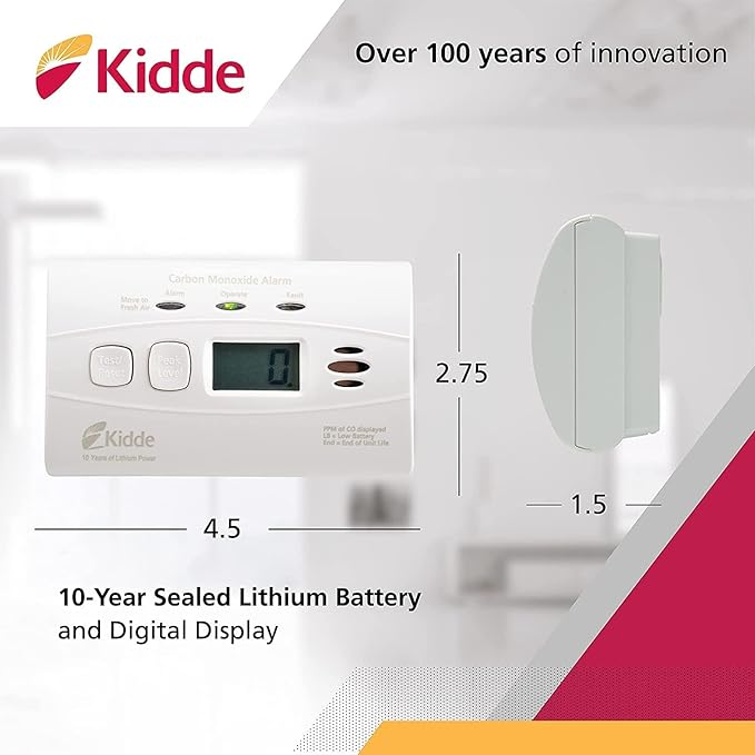 Kidde Carbon Monoxide Detector with 10-Year Battery, Digital Display, 3 LEDs, Replacement Indicator, Peak Level Memory, 2 Pack