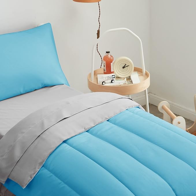 UOZZI BEDDING 4 Pieces Toddler Bedding Set Ultra Soft and Breathable Toddler Sheet Set - Includes Comforter, Flat Sheet, Fitted Sheet and Pillowcase - Blue & Gray