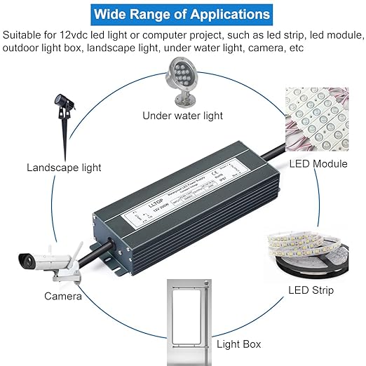 LLTOP Low Voltage Transformer 200 Watts Waterproof IP67 Power Supply 90-130V AC to 12V DC 16.7A LED Driver Converter Power Adapter for Indoor Outdoor LED Lights