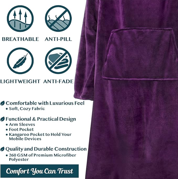 PAVILIA Fleece Blanket with Sleeves, Foot Pockets for Women Men Adults, Plush Wearable Blanket Throw Wrap, Warm Snuggle Blanket Robe, Cozy Gift Ideas Wife Mom, Dark Purple