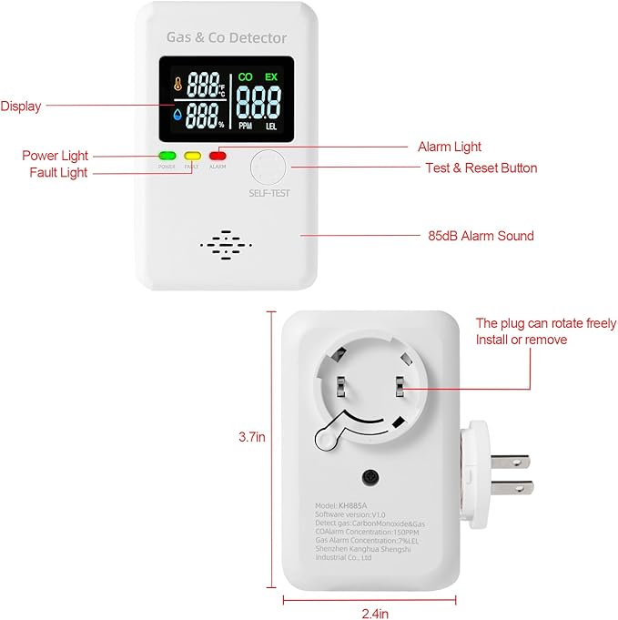 2 Packs Combination Natural Gas Detector & Carbon Monoxide Alarm,4-in-1 Real-time Display & Monitor,Low-Concentration Detect,Plug in Propane Detector & CO Alarm for Home,Camping,RV, Apartment