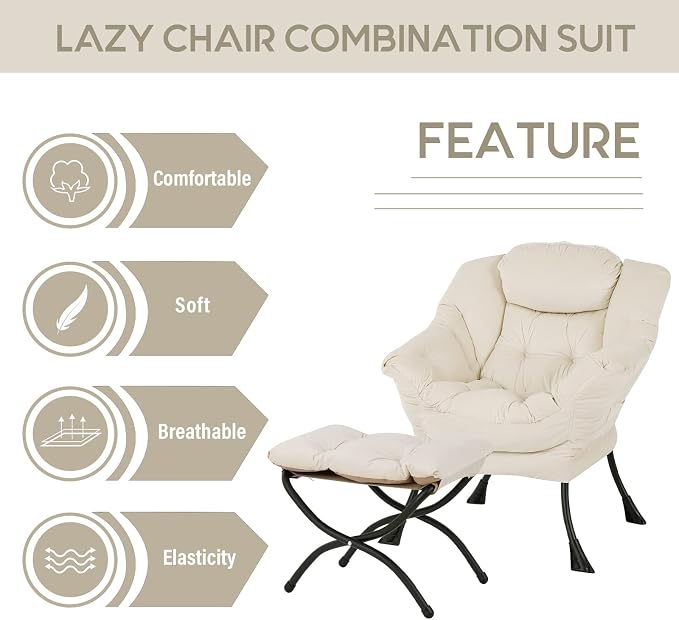 Lazy Chair with Ottoman, Comfy Accent Reading Chair, Velvet Beige | Foldable - Image 4