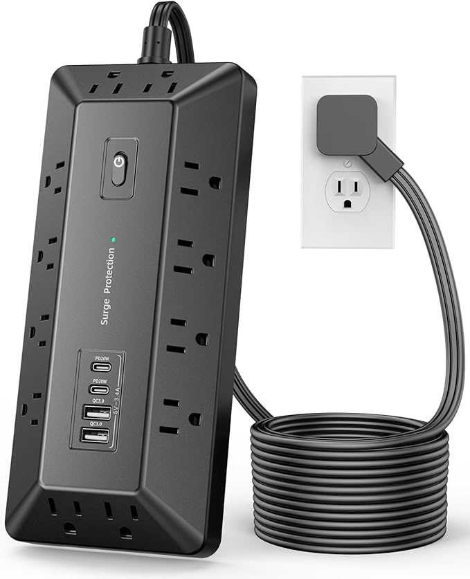 Inhwatek Surge Protector Power Strip with USB Ports (PD 20W), 6 Ft Extension Cord with Multiple Outlets, Flat Plug Outlet Extender for Home, Office, Dorm Room