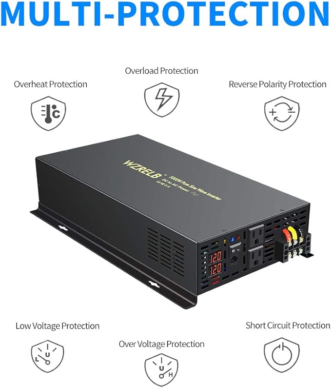WZRELB 5000W 12VDC 120VAC Pure Sine Wave Power Inverter, 2 AC Outlets, Wired Remote Control, RV (RBP-500012WR)