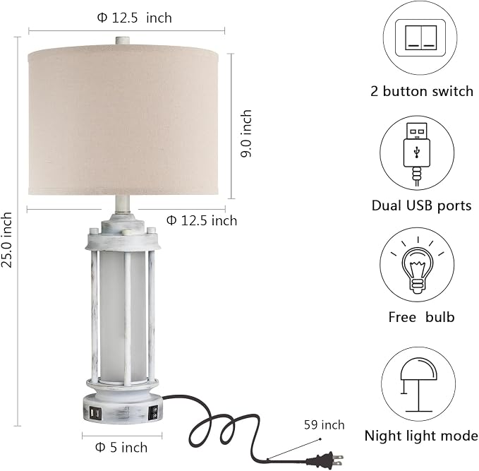 AIEAMPDO 25" Set of 2 Antique White Rustic Table Lamps 2 USB C+A Ports | - Image 5