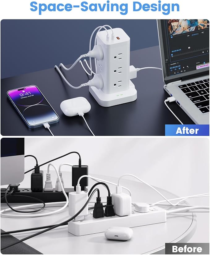 Power Strip Tower with Surge Protector 1800J, Fast Charging Tower PD20W USB-C - Image 6