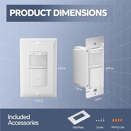 ECOELER Motion Sensor Dimmer Switch, Dimmer Electrical Light Switches with Occupancy Sensor, Single Pole for CFL/LED/Incandescent Bulb, Neutral Wire Required, Wall Plate Included, White, 2Pack