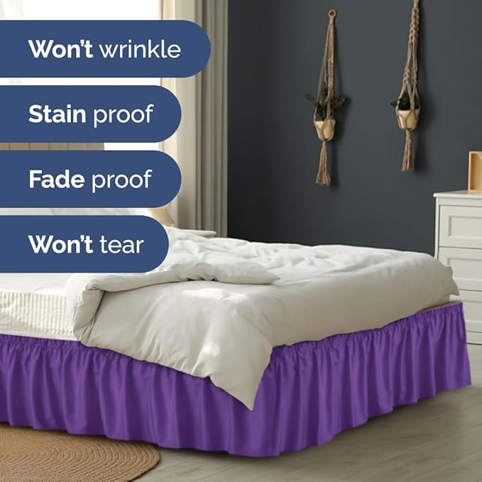 Wrap Around Dust Ruffle Bed Skirt - Purple - for Full Size Beds with 18 Inch Drop - Easy Fit Elastic Strap - Adjustable Pleated Bedskirt w/Brushed Fabric - Wrinkle Free - for Women, Men, Kids & Teens
