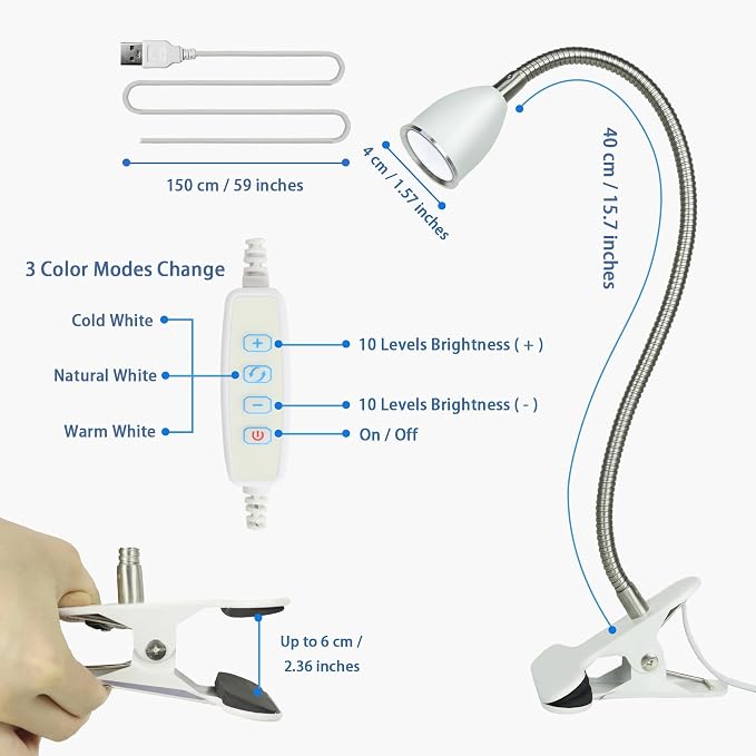 Desk lamp Eye-Caring Table Lamps, 360°Rotation Gooseneck Clip on Lamp Reading - Image 4