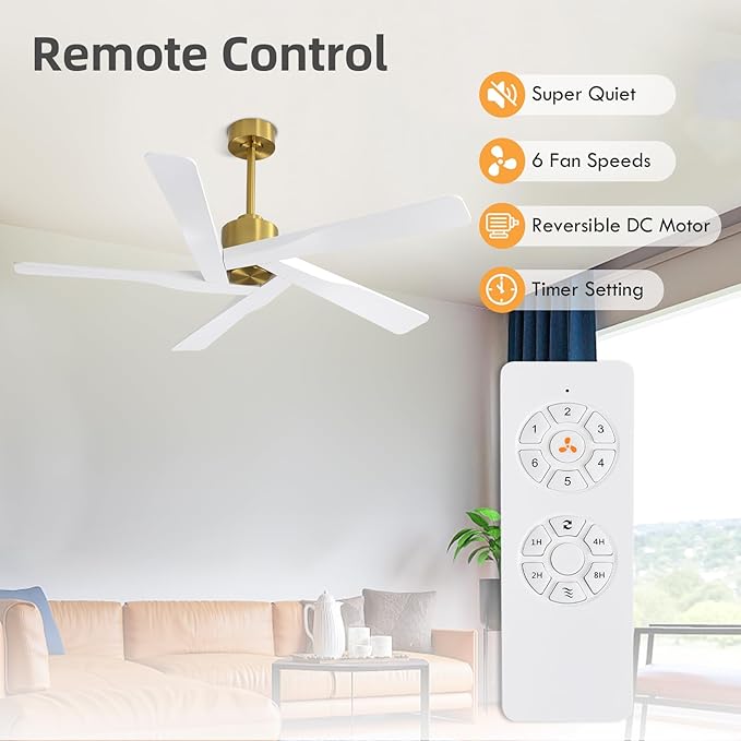 WINGBO 64" ABS DC Ceiling Fan No Light, 5 Blade ABS Plastic Ceiling Fan with Remote, 6-Speed Reversible DC Motor, Ceiling Fans without Light for Kitchen Bedroom Living Room, Brass and White