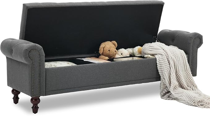 SOFTHION 67" Storage Bench for Bedroom, Linen Upholstered, Dark Grey | King - Image 3