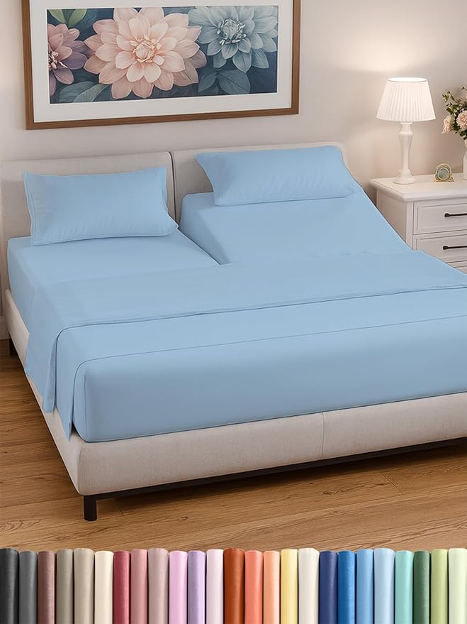 Split Head King Sheet Set – 4 Piece Flex Split Top King Sheets for Adjustable Beds - Fits 14” to 16" Mattress w/ Deep Pockets - Soft, Breathable & Cooling - Luxury Bedding & Wrinkle Free - Light Blue