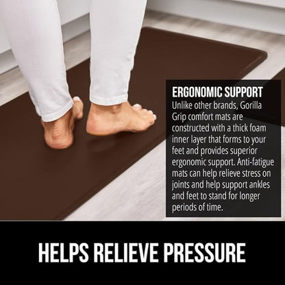GORILLA GRIP 2 Pack Comfortable Cushioned Kitchen Mats for Floor, 17x29 + 17x59, Waterproof and Stain Resistant, 1/2 Inch Thick Soft Ergonomic Standing Desk Anti Fatigue Mat, Foam Supports Feet, Brown