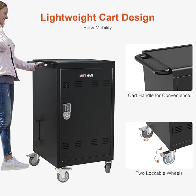 Aokleo 32 Devices Laptop Charging Cart with Password Lock,Tablet Storage Carts for Pad Up to 16.3" Screen,Classroom Computer Mobile Charging Station for Pads,Chromebooks,Laptops(Black - Password Lock)