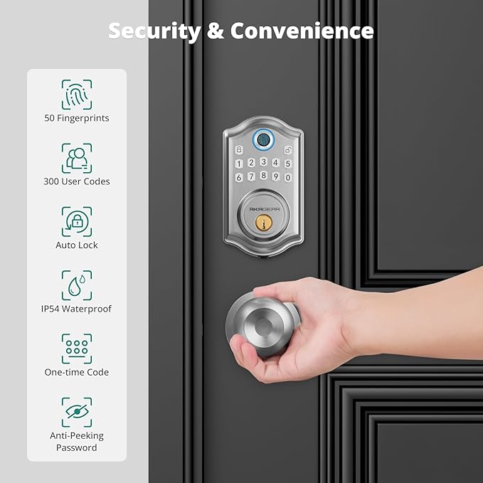 AkaGear DS10 Keyless Entry Door Lock with Door Knob, Fingerprint Door Lock, Electronic Keypad Deadbolt, Smart Door Lock, Smart Locks for Front Door, Auto-Lock - Satin Nickel