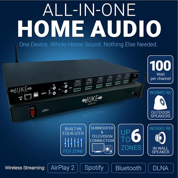 Juke+ | 6 Zone Audio Amplifier | 100 Watts per Channel | Multi-Room Audio System | Airplay 2, Spotify Connect, Built-in Streaming