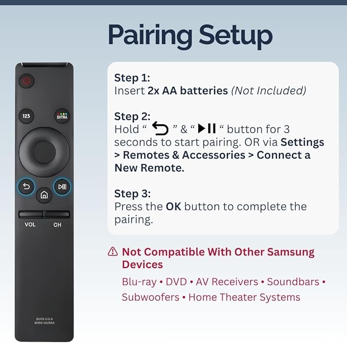 2 Pack BN59-01295A Samsung TV Remote Control Replacement for Smart TV - Easy Setup, Durable Design, Universal Infrared Remote - Works with Samsung Smart, QLED, UHD, 4K, Curved, LED, LCD, & HDTV Models