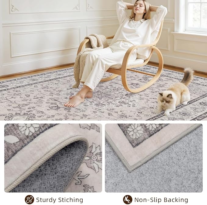 6x9 Area Rugs Living Room: Bedroom Washable Carpet Beige & Grey | Large Vintage - Image 4