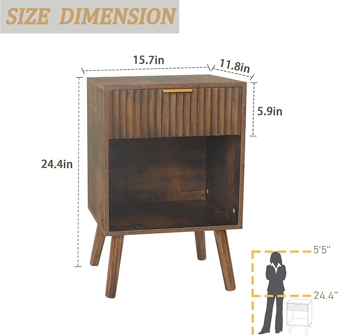 Fultyle Mid Century Modern Nightstand, Wood Bedside Table - Image 3