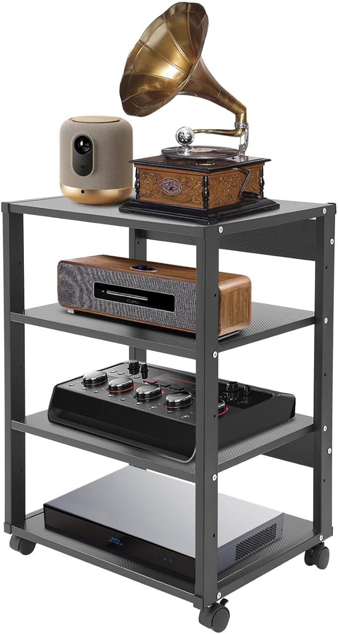 4-Tier AV Media Stand Rack, Black Rolling Stereo Audio Rack Stand with Wheels, Mobile & Space-Saving Design, Perfect for Speakers, DVD Players, Amplifiers (19.7 * 15.7 * 27.4in)