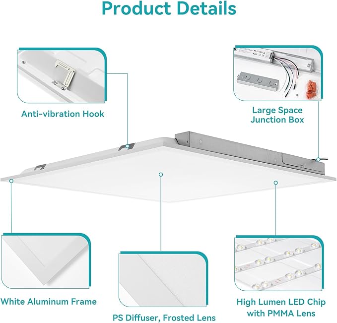 VocgoUU 2x2 LED Flat Panel Light for Drop Ceiling, 0-10V Dimmable, 30W/40W/50W Selectable, 4CCT 3000K/4000K/5000K/6000K, Up to 5500LM, ETL Listed, 100-277V, 16 Pack