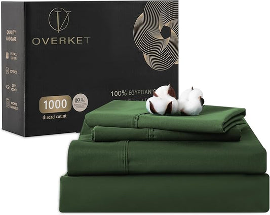 100% Egyptian Cotton Sheets Cal King Sheet Set 1000 Thread Count Sateen Weave Soft Breathable 16-Inch Deep Pocket 4PCS（California King,Forest Green）