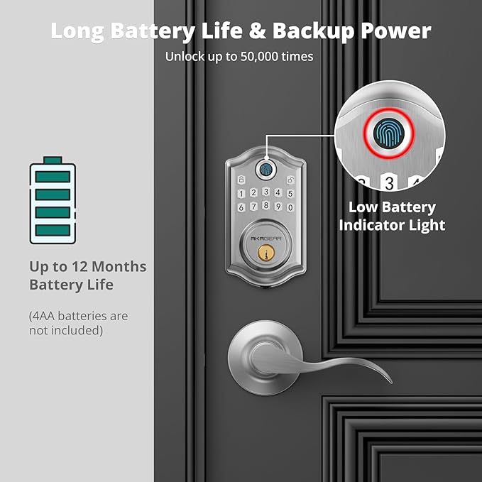 AkaGear DS10 Keyless Entry Door Lock with Handle - 2 Lever Handles, Fingerprint Door Lock, Keypad Deadbolt, 2 Keys, Code, Smart Locks for Front Door, Auto-Lock, Easy Installation - Satin Nickel