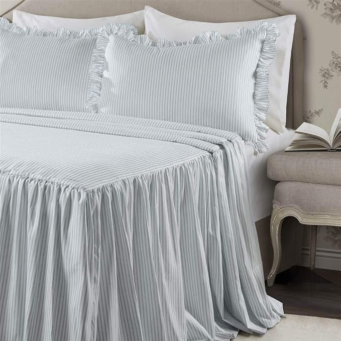 Lush Decor Ticking Stripe Bedspread King Size 3 Piece Set Lake Blue - Image 3
