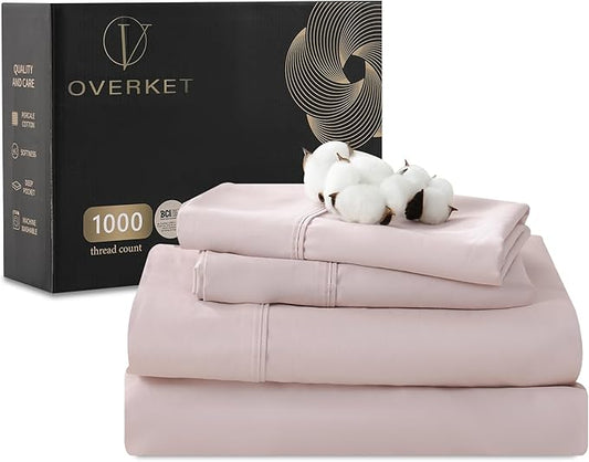 100% Egyptian Cotton Sheets King Size 1000 Thread Count Sateen Weave Soft Breathable 16-Inch Deep Pocket 4PCS（King,Dusty Pink）