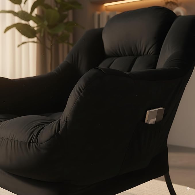 Lazy Chair with Ottoman, Comfy Accent Reading Chair, Velvet Black | Foldable - Image 6