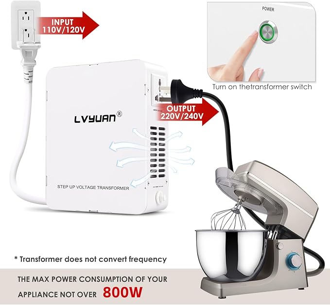 LVYUAN 800W Voltage Transformer Step Up/Down Converter, 110V/120V to 220V/240V, 800W Power Capacity, Circuit Breaker Protection