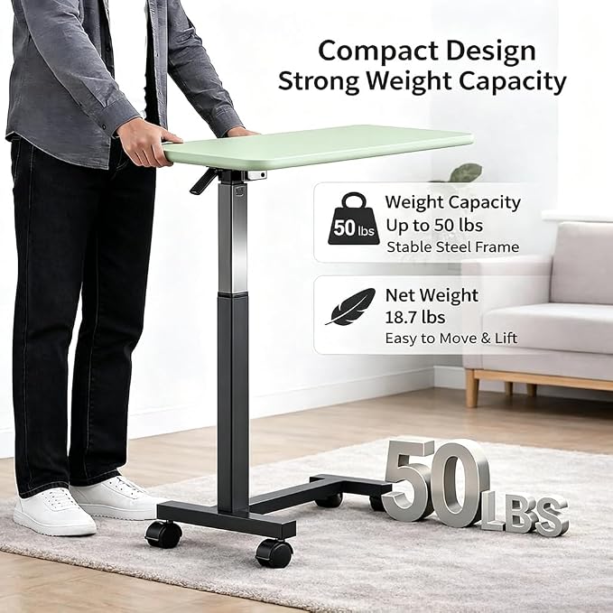 Adjustable Overbed Table with Wheels, Pneumatic Height Lift Rolling Bedside - Image 3