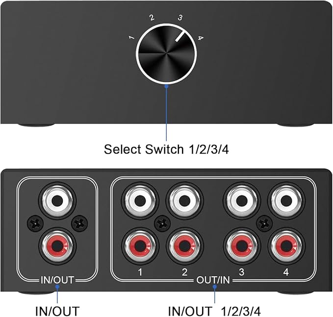 Dingsun 4-Way Stereo Audio Switcher, Bi-Directional Right and Left Channel Audio Selector Box for Blu-ray Players or DVD Players Active Speakers (4In-1Out /1In-4Out)(1In-4Out /4In-1Out)