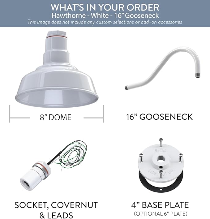 Steel Lighting Co. Hawthorne Barn Light | Outdoor Wall Mounted | 8 inch Dome | 16 inch Gooseneck| Small Farmhouse Light Made in America | White Exterior/White Interior
