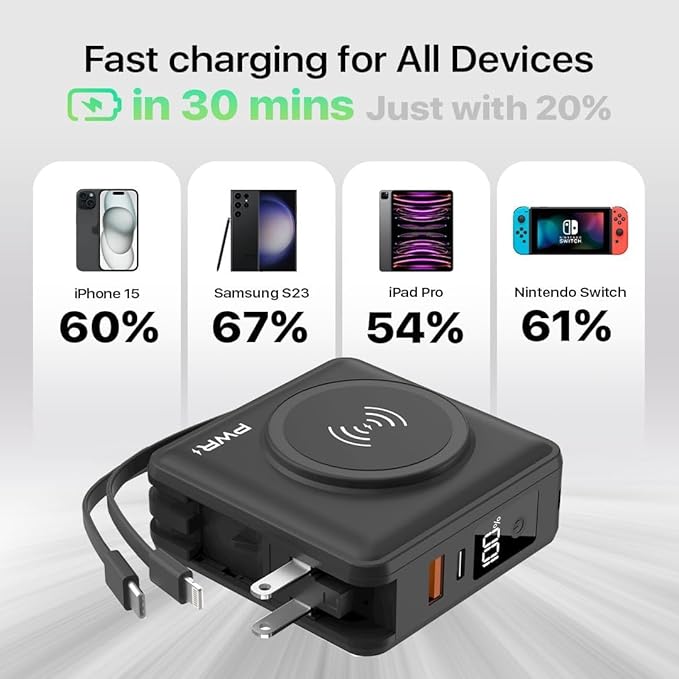 PWRMobile PWR Travel PRO 5-in-1 Power Bank – 10,000mAh with Built-in Cables – 20W USB-C + 15W Wireless Charging – Compact Portable Charger for iPhone & Android- Black