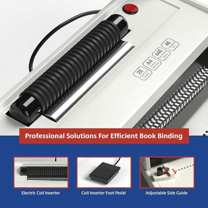 TruBind Coil Binding Machine with Electric Coil Inserter and Foot Pedal | 20 Sheet Punch Capacity | Bind up to 440 Sheets | 46 Fully Disengageable Dies | 4:1 Pitch | 2-Year Warranty