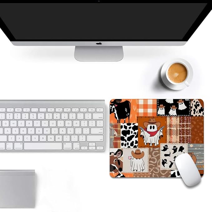 Ghost Cowboy Patchwork Halloween Square Mouse pad, Texture, Waterproof, Anti Slip Rubber Base, Computer Mouse pad, Laptop Mouse pad