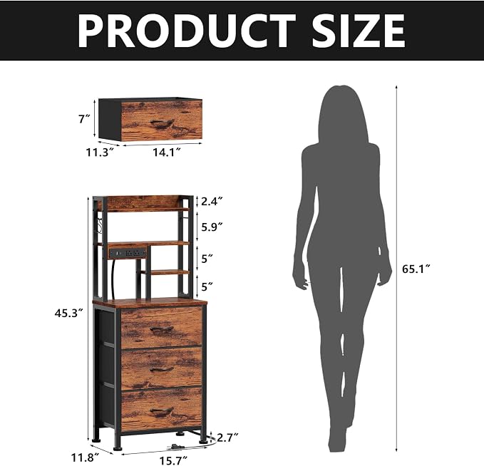 Tall Nightstand, 45.3" Bedside Table & End Table, 3 Fabric Drawers | RGB LED - Image 3