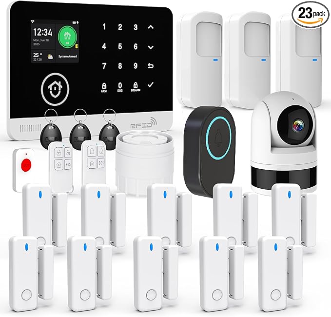 Home Alarm System with Camera, 23 Pieces Wireless WiFi/GSM SMS Home Security System with Motion Detector, 120dB Alarm Siren, Remote Control, Doorbell Button and SOS Button for Villa,Warehouse