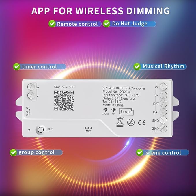 LOAMLIN DR03W RGB SPI SMD COB 3PIN Addressable LED Strip 2.4GHz Tuya WiFi Controller, Support Alexa Google Home Smartphone APP Control Compatible with WR01RF RC03RFB RC04RFB RC05RFB RGB Remote