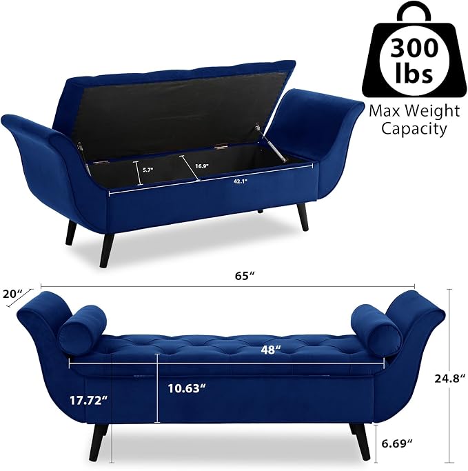 65" Velvet End of Bed Bench, Upholstered Seat - Image 2