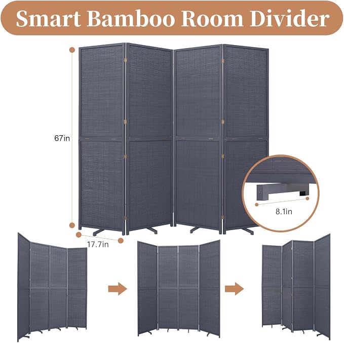 Room Divider Folding Privacy Screens, Hand-Made Natural Bamboo Room Dividers | - Image 5