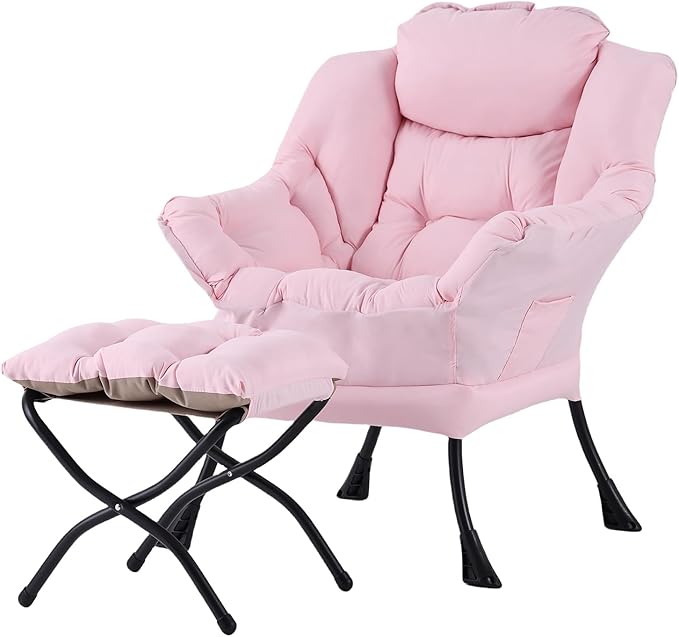 Welnow Lazy Chair with Ottoman, Reading Chair with Footrest，Pink | A Side Pocket by LifeGetsBetterWithWelnow