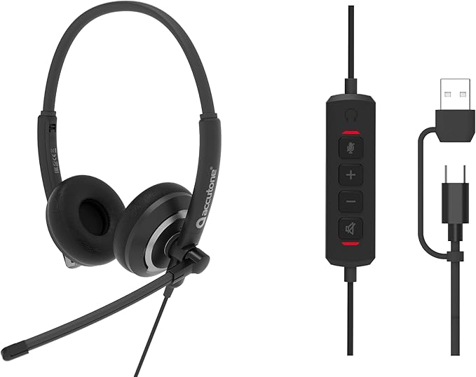 Accutone Conversation 95 Wired Office USB Headset with Environmental Noise Cancelling Microphone & wideband Audio Output, Black